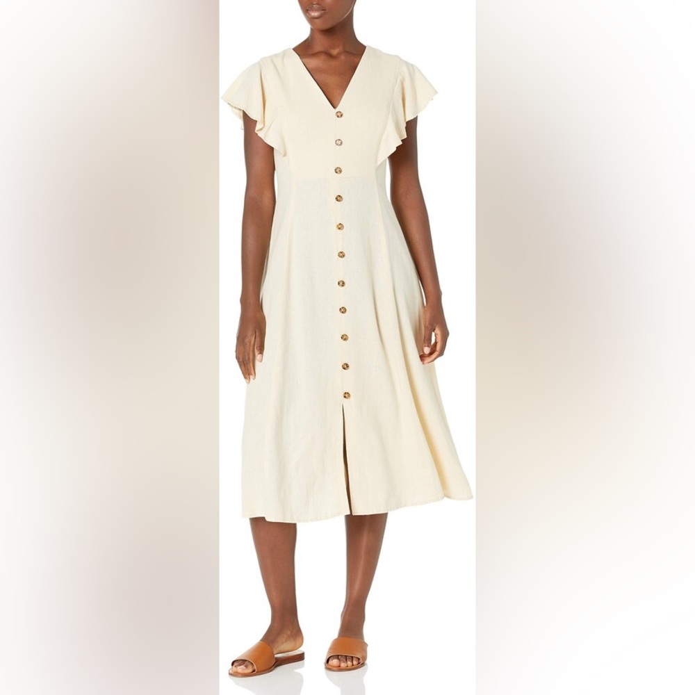 EUC Calvin Klein Linen Midi A-Line Dress with Flutter Sleeves